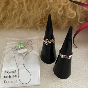 Toe Rings, (3) one sterling silver, one rolled gold & green rhinestone
